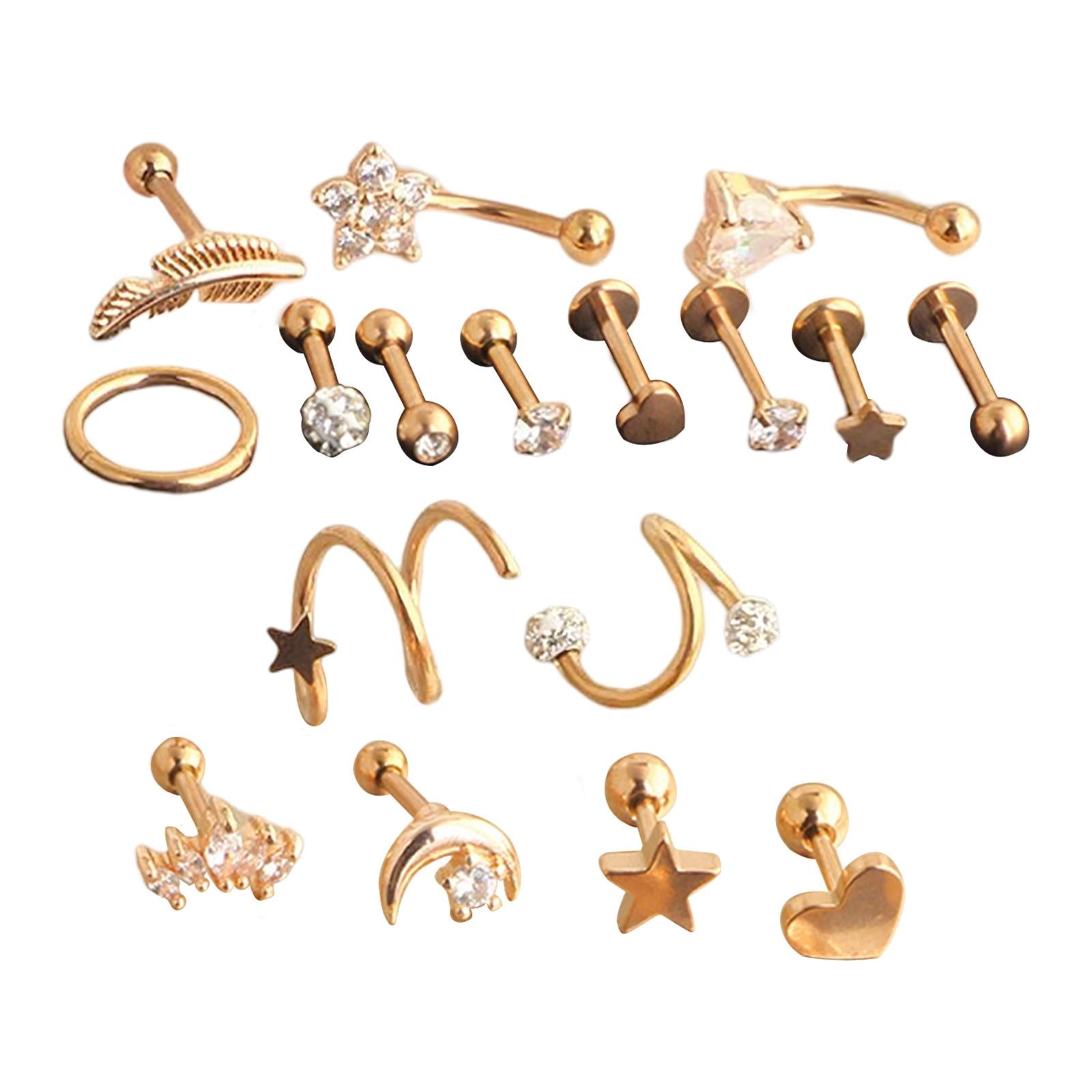 17Pcs Stainless Steel Ear Earrings Piercing Jewelry Nose Rings  Rose Gold