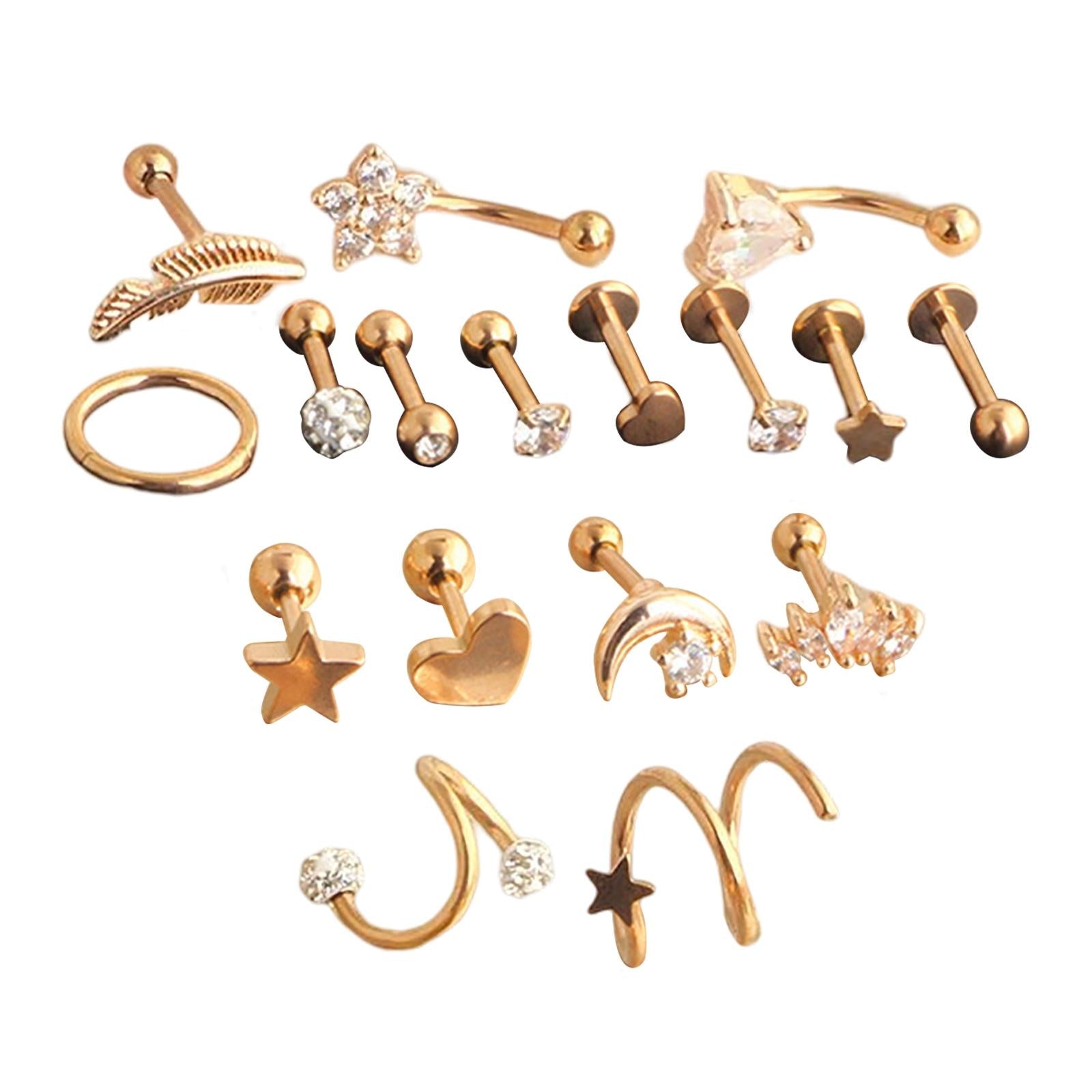 17Pcs Stainless Steel Ear Earrings Piercing Jewelry Nose Rings  Rose Gold