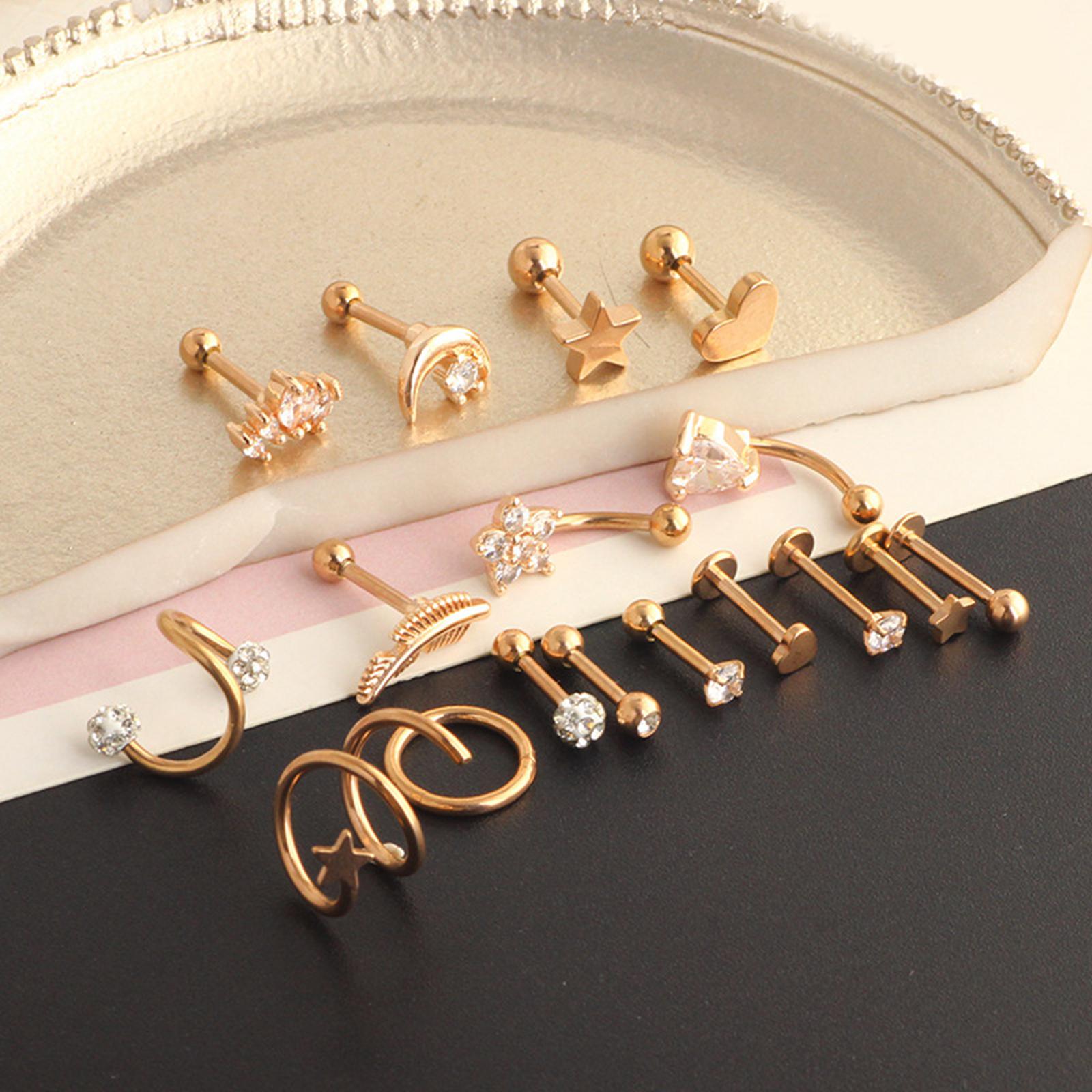 17Pcs Stainless Steel Ear Earrings Piercing Jewelry Nose Rings  Rose Gold