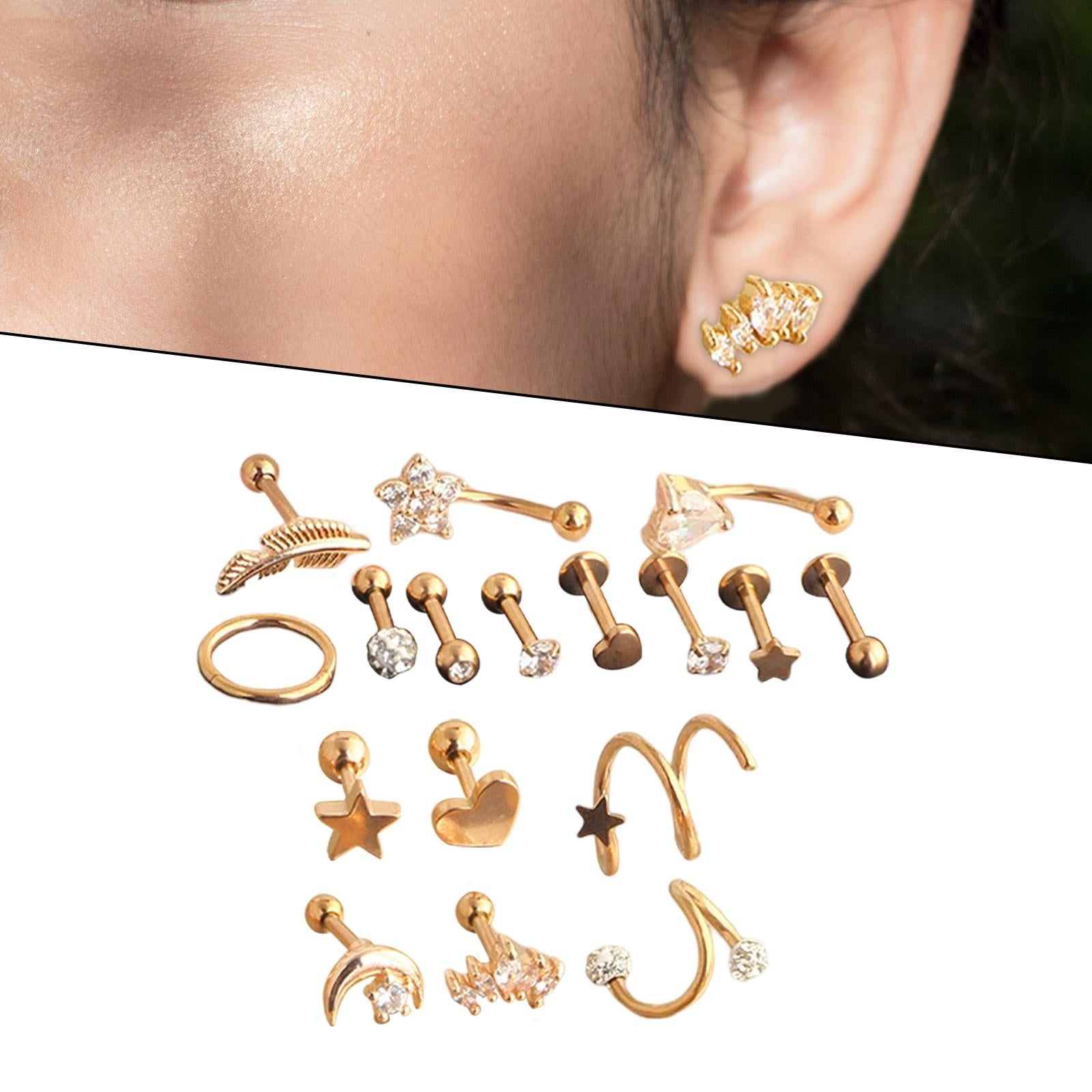 17Pcs Stainless Steel Ear Earrings Piercing Jewelry Nose Rings  Rose Gold