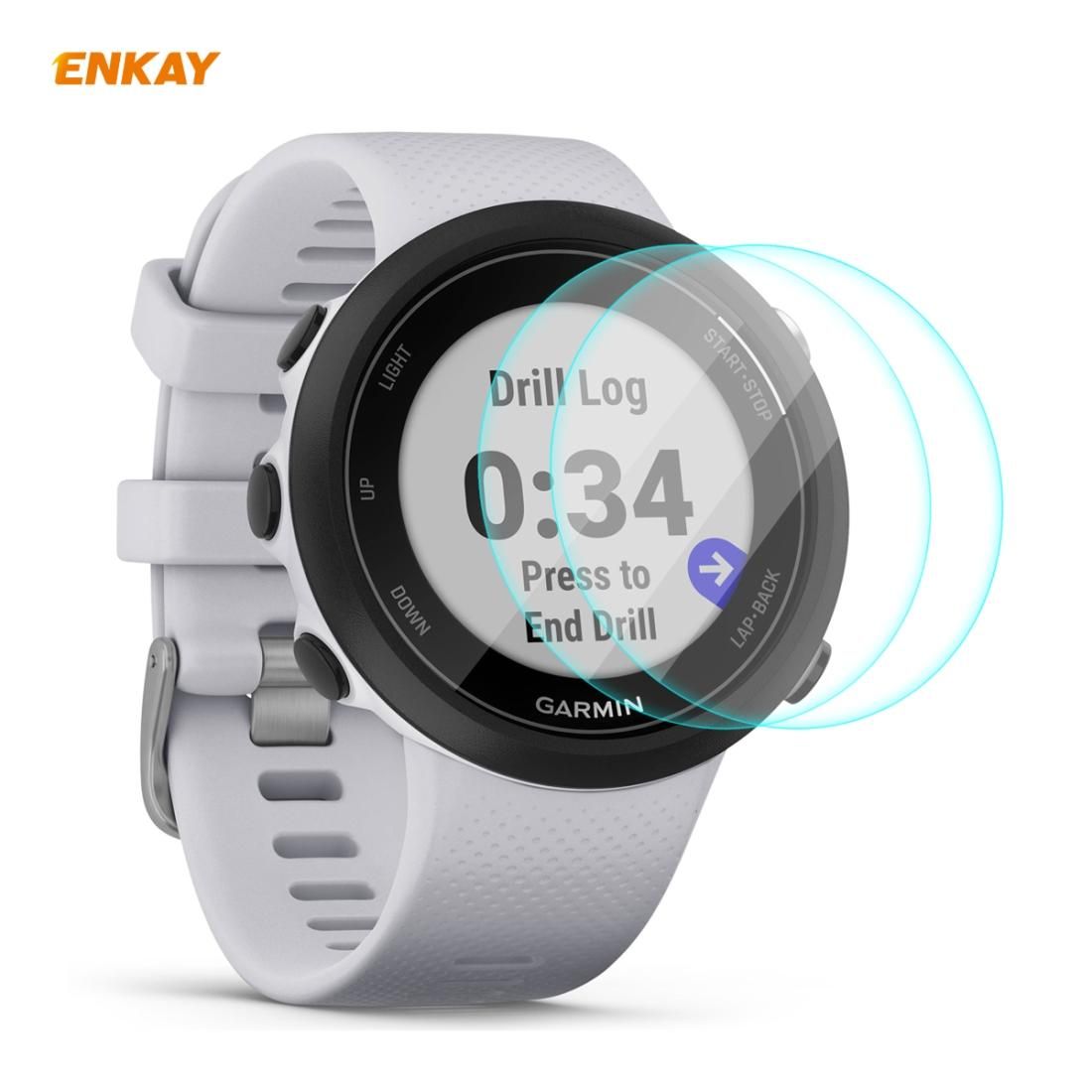 For Garmin Swim 2 2 PCS ENKAY Hat-Prince 0.2mm 9H 2.15D Curved Edge Tempered Glass Screen Protector Watch Film