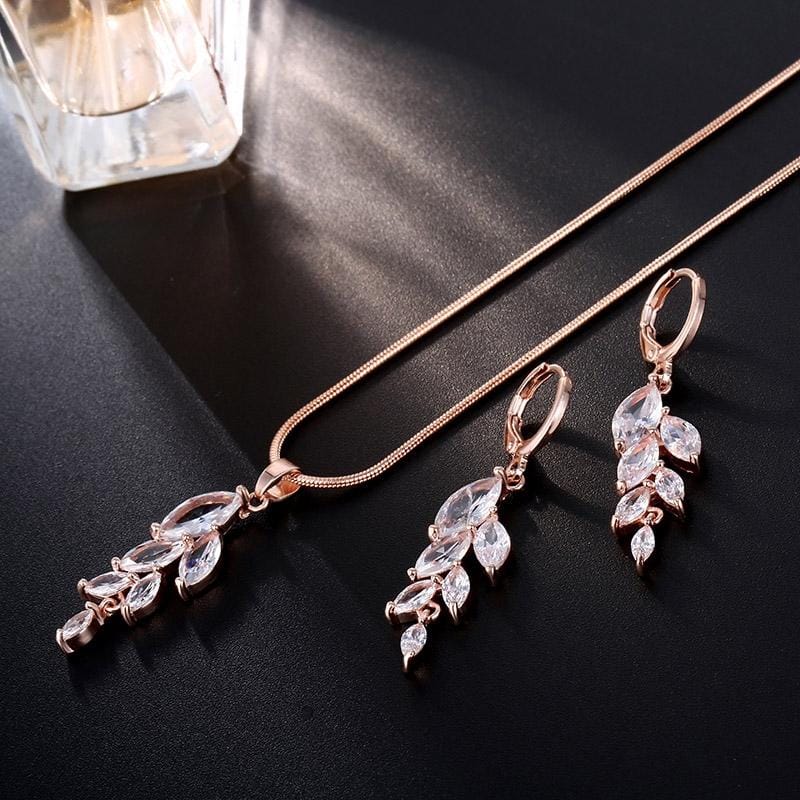 Woman Simple Trendy Zircon Wheat Necklace Earrings Bridal Jewelry Set (Rose Gold)