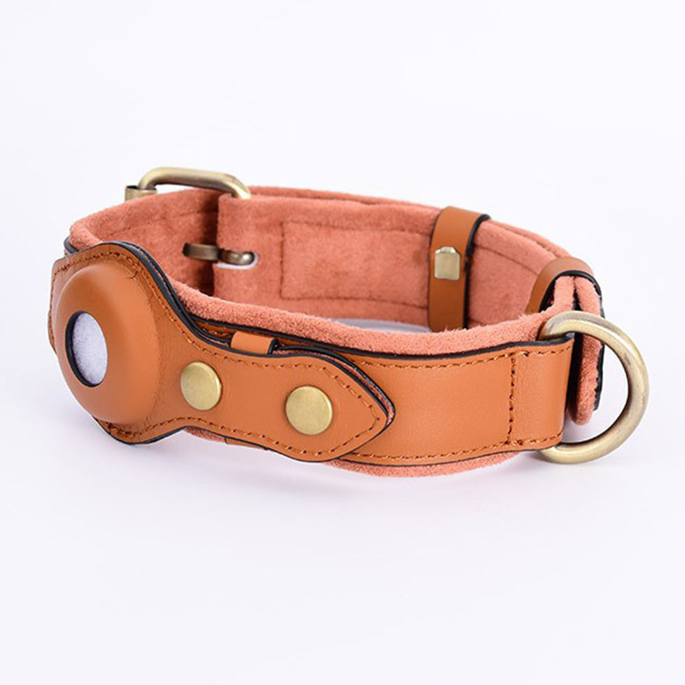 PU+Suede Leather Pet Collar Compatible with Apple AirTag Holder Anti-lost Dog Cat Tracker Locator, Size: S - Brown