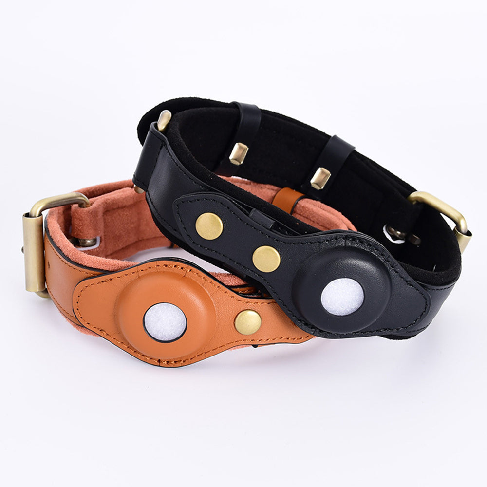 PU+Suede Leather Pet Collar Compatible with Apple AirTag Holder Anti-lost Dog Cat Tracker Locator, Size: S - Brown