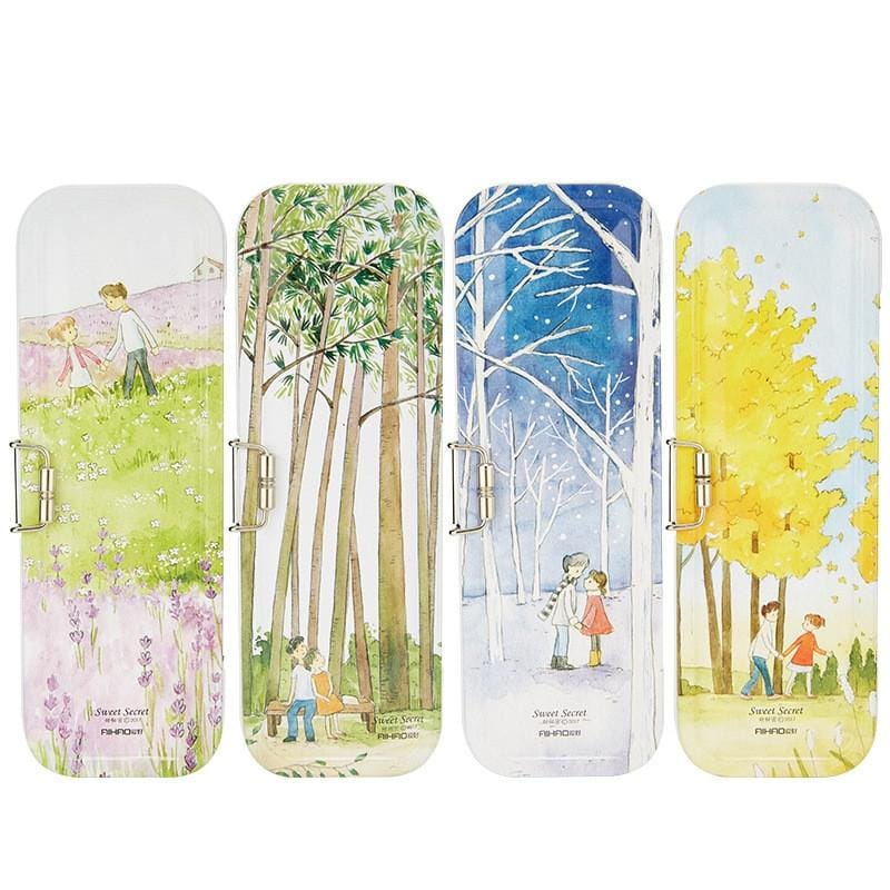 Student Pencil Case Double-deck Metal Material Double Layer Stationery Box Lovely Season Plants Pencil Box (Yellow)