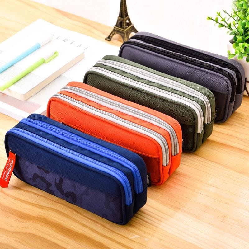Camouflage Pencilcase Nylon Canvas Double Zipper Pen Bag (Navy Grey)