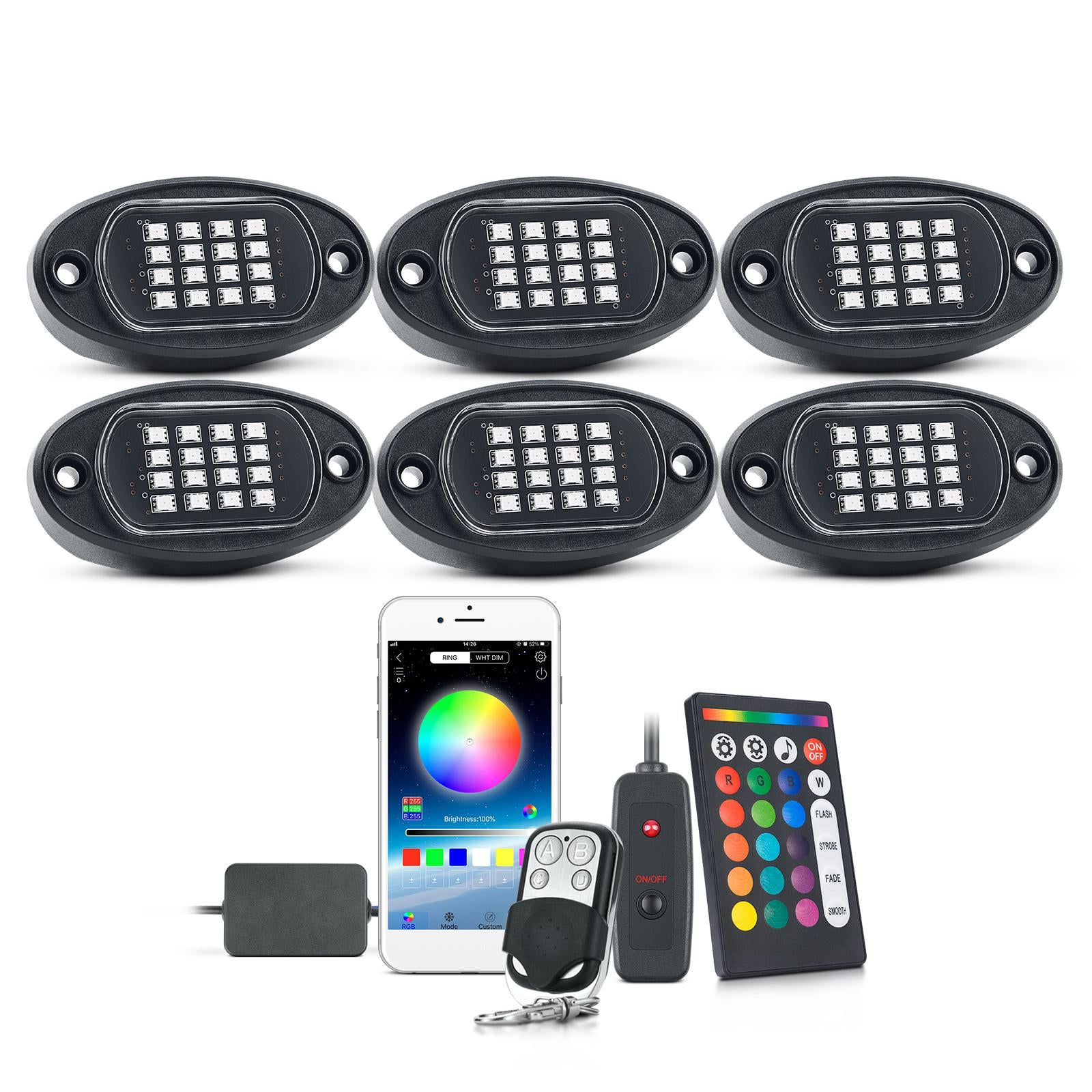 Universal Bluetooth APP RGB LED Rock Lights Set Music Lighting 6 Pods