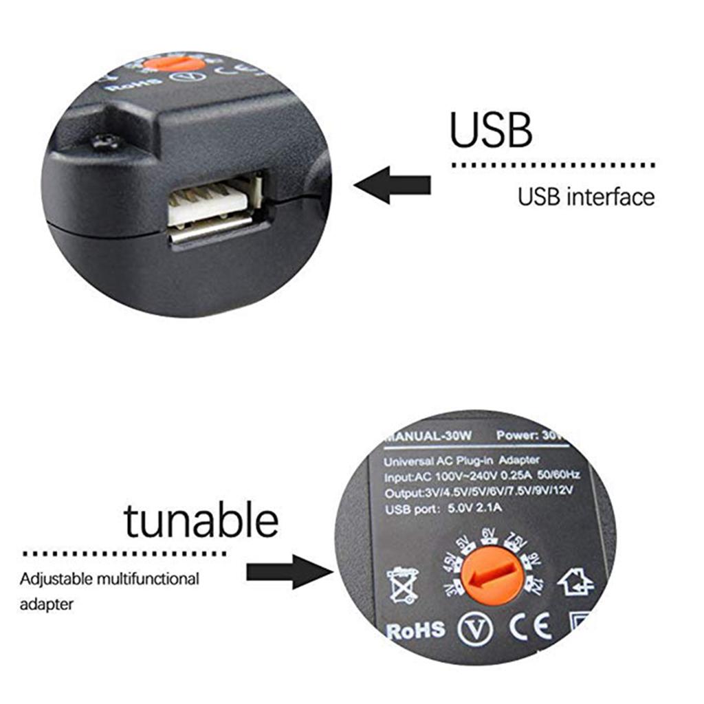 2.1A 30W 3V 4.5V 5V 6V 7.5V 9V 12V AC DC Charger USB Port Power Adapter