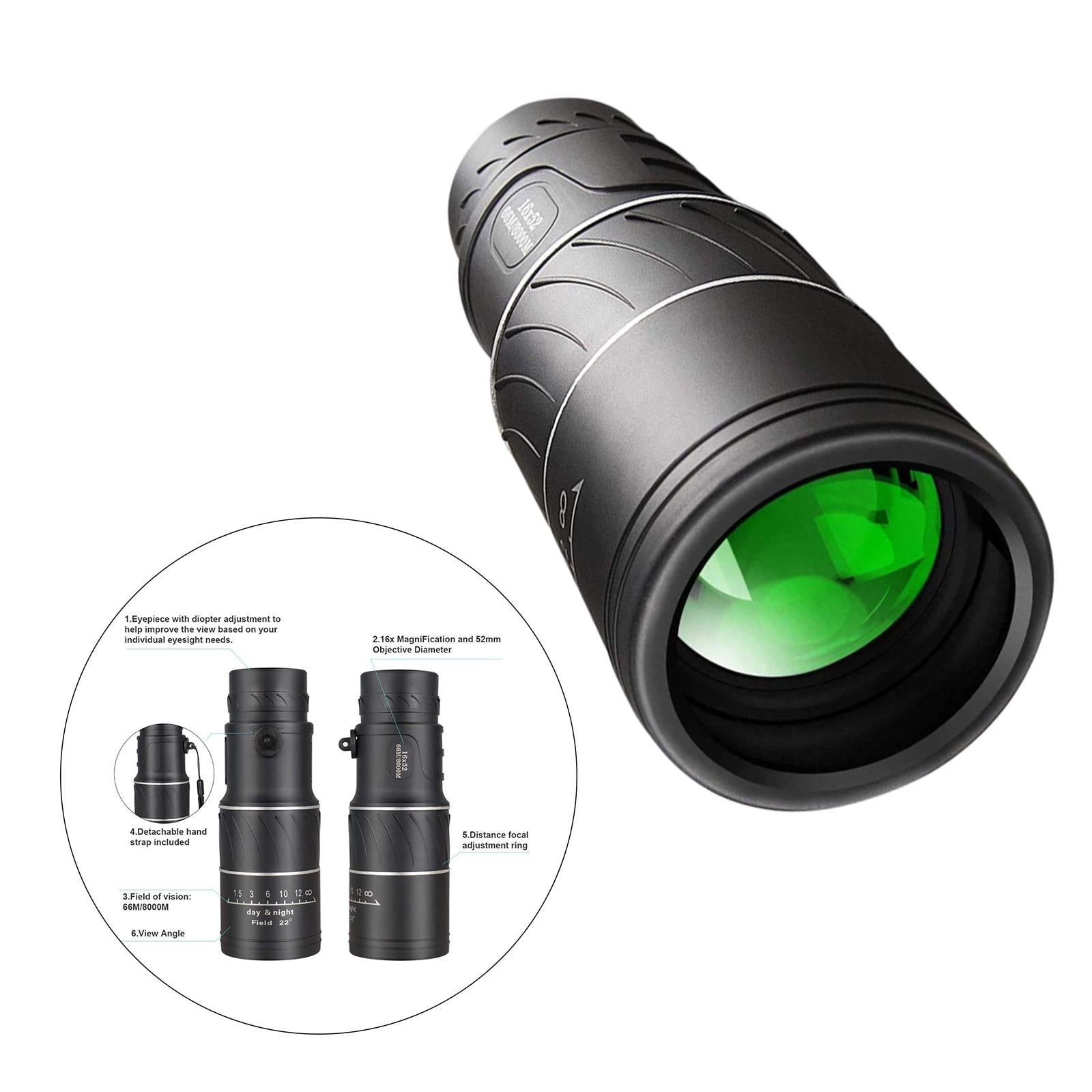 16x52 Monocular Dual Focus Optics Zoom Lens BAK4 Prism Standard Clip Holder