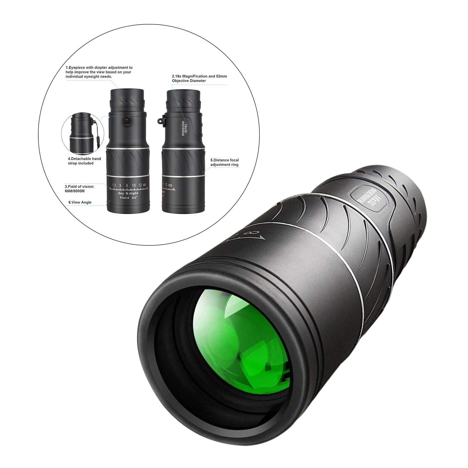 16x52 Monocular Dual Focus Optics Zoom Lens BAK4 Prism Standard Clip Holder