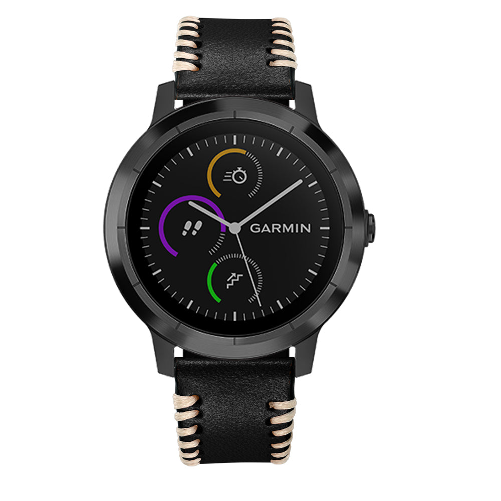 20mm Pork Ribs Style Genuine Leather Watch Band Strap for Garmin Vivoactive 3/Vivomove HR - Black