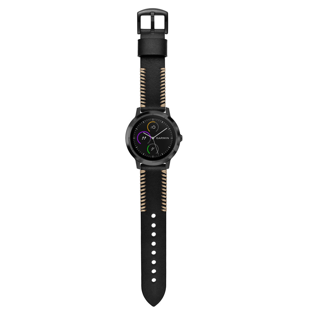 20mm Pork Ribs Style Genuine Leather Watch Band Strap for Garmin Vivoactive 3/Vivomove HR - Black
