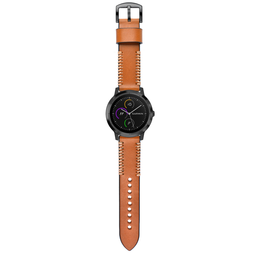 20mm Pork Ribs Style Genuine Leather Watch Band Strap for Garmin Vivoactive 3/Vivomove HR - Brown