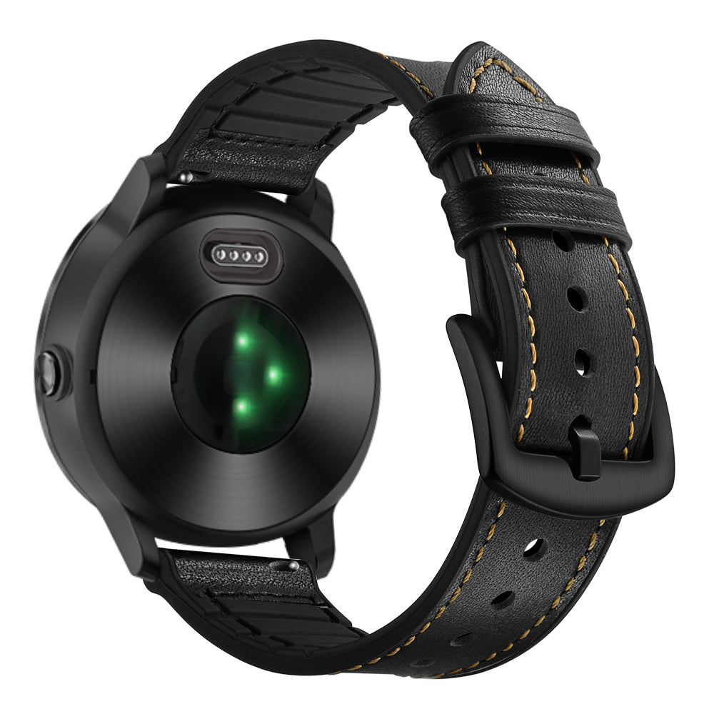 20mm Genuine Leather Coated Silicone Smart Watch Strap for Garmin Vivoactive 3/Vivomove HR - Black