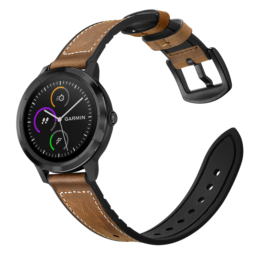 20mm Genuine Leather Coated Silicone Smart Watch Strap for Garmin Vivoactive 3/Vivomove HR - Dark Brown