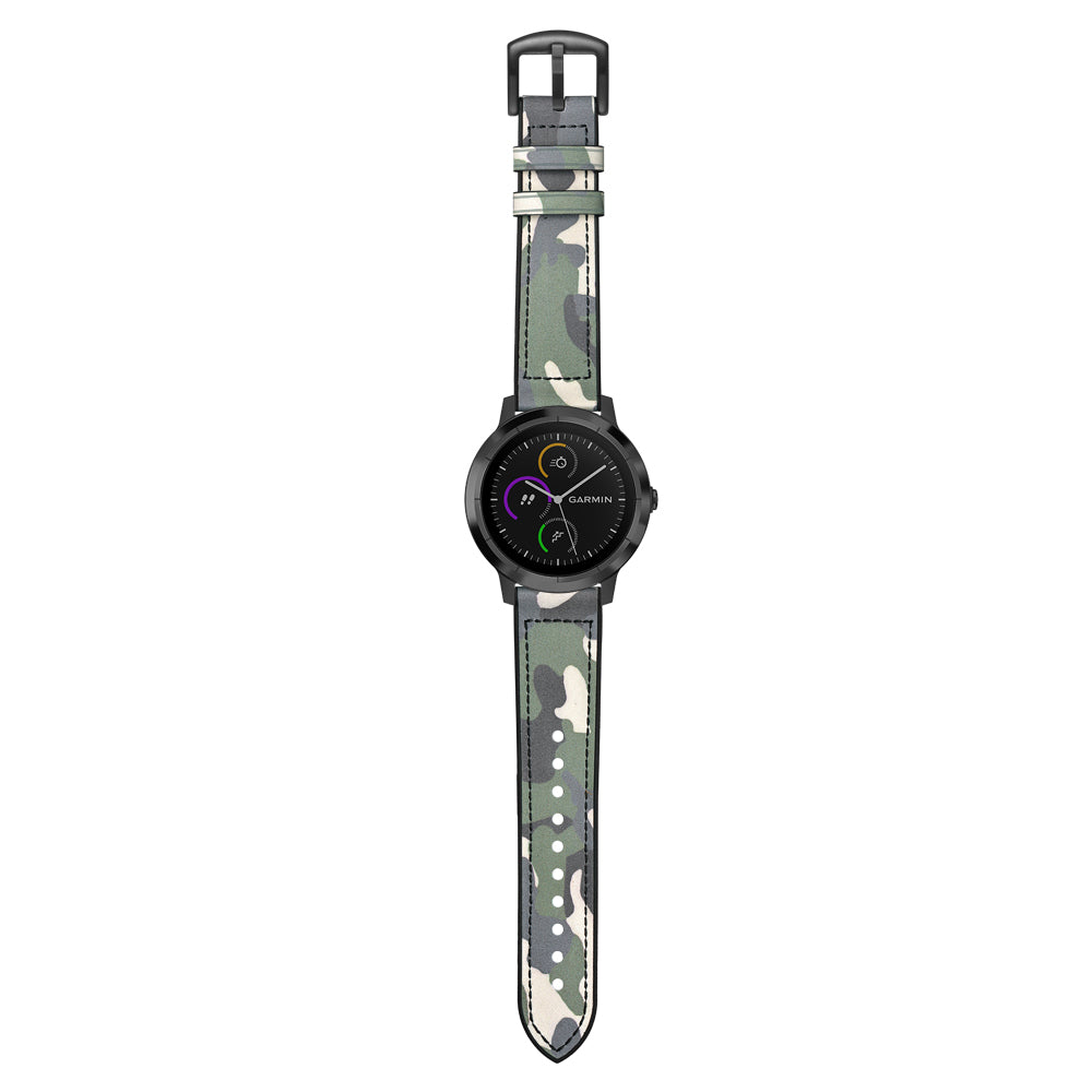20mm Genuine Leather Coated Silicone Smart Watch Strap for Garmin Vivoactive 3/Vivomove HR - Green/Camouflage