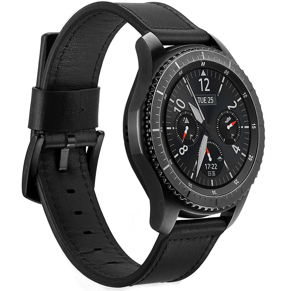 For Samsung Gear S3 Classic/S3 Frontier Genuine Leather Watch Strap Replacement Band 22mm - Black