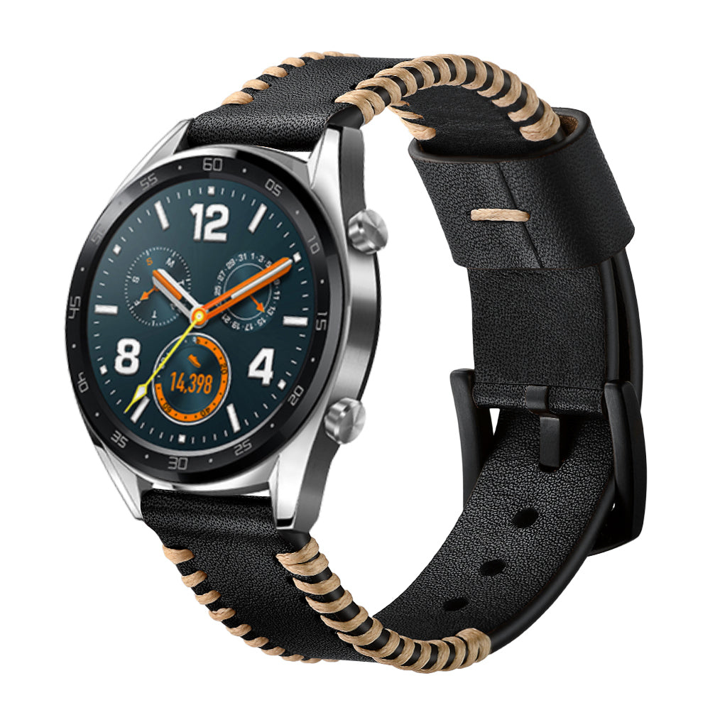 22mm Ribs Style Genuine Leather Watch Strap for Huawei Watch GT / GT 2 46mm / Honor Magic - Black