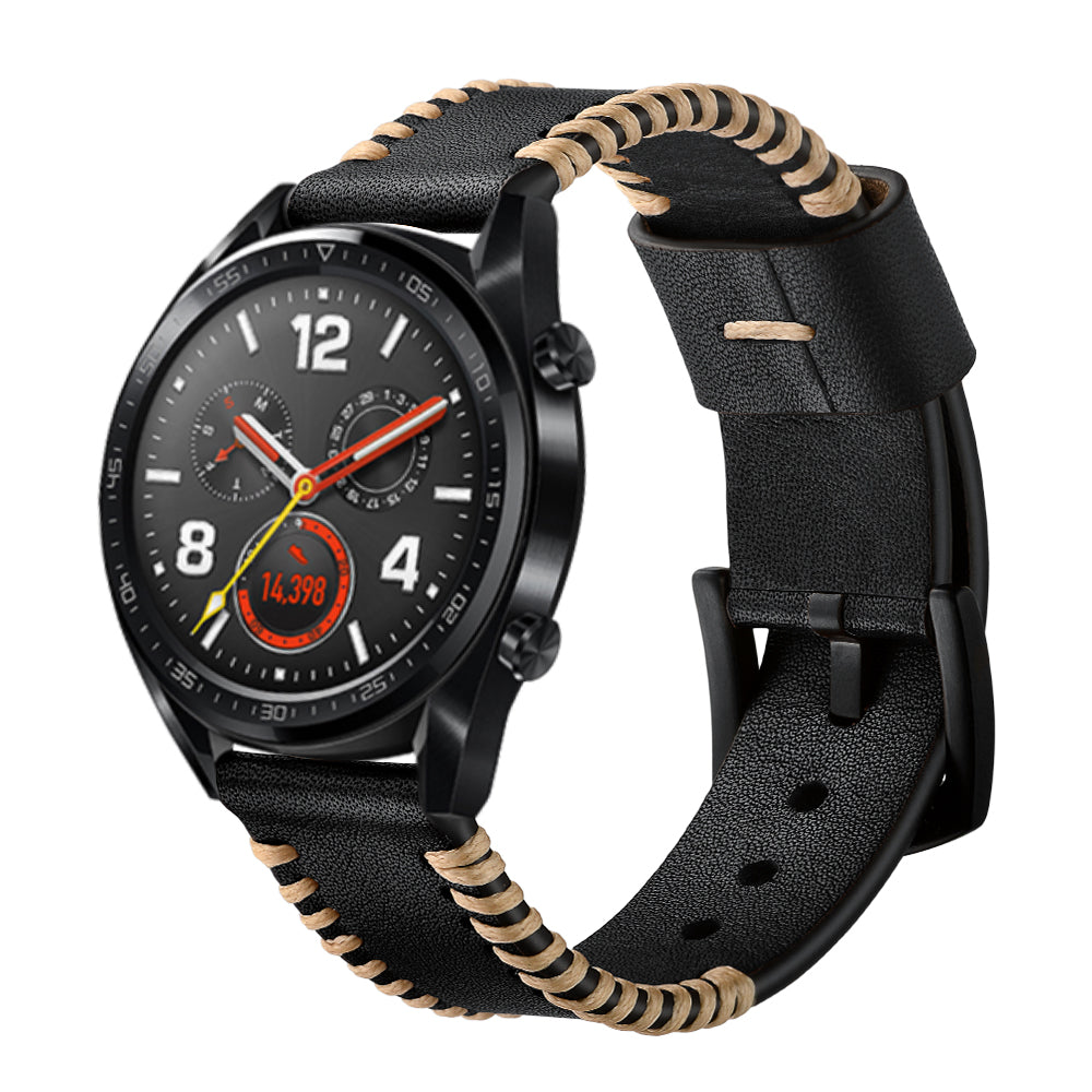 22mm Ribs Style Genuine Leather Watch Strap for Huawei Watch GT / GT 2 46mm / Honor Magic - Black
