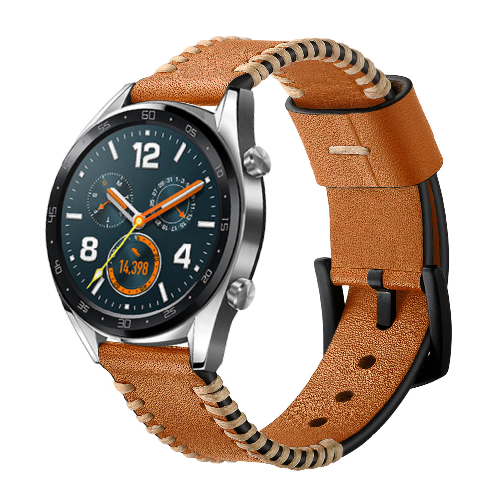 22mm Ribs Style Genuine Leather Watch Strap for Huawei Watch GT / GT 2 46mm / Honor Magic - Brown