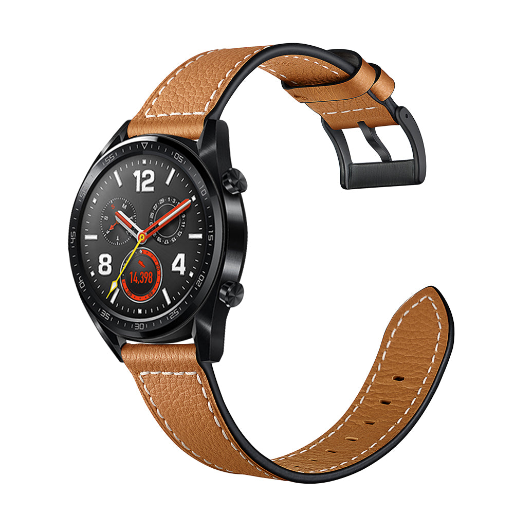 22mm Stitching Decor Genuine Leather Watch Strap Bracelet Wristband for Huawei Watch GT / Watch 2 / Watch Magic - Light Brown