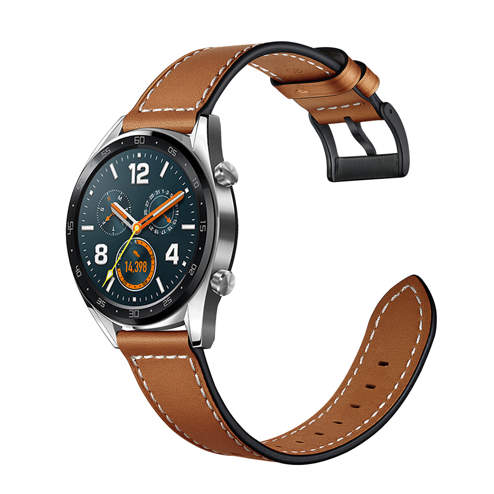 22mm Stitching Decor Genuine Leather Watch Strap Bracelet Wristband for Huawei Watch GT / Watch 2 / Watch Magic - Dark Brown