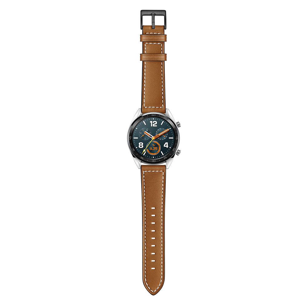 22mm Stitching Decor Genuine Leather Watch Strap Bracelet Wristband for Huawei Watch GT / Watch 2 / Watch Magic - Dark Brown