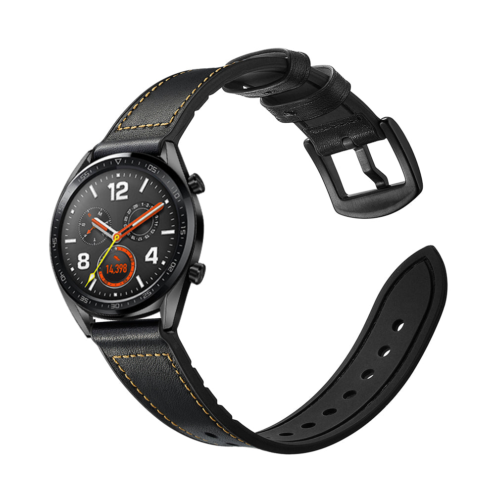 22mm Genuine Leather Coated Silicone 22mm Watch Strap for Huawei Watch GT 2/1 / Honor Magic - Black