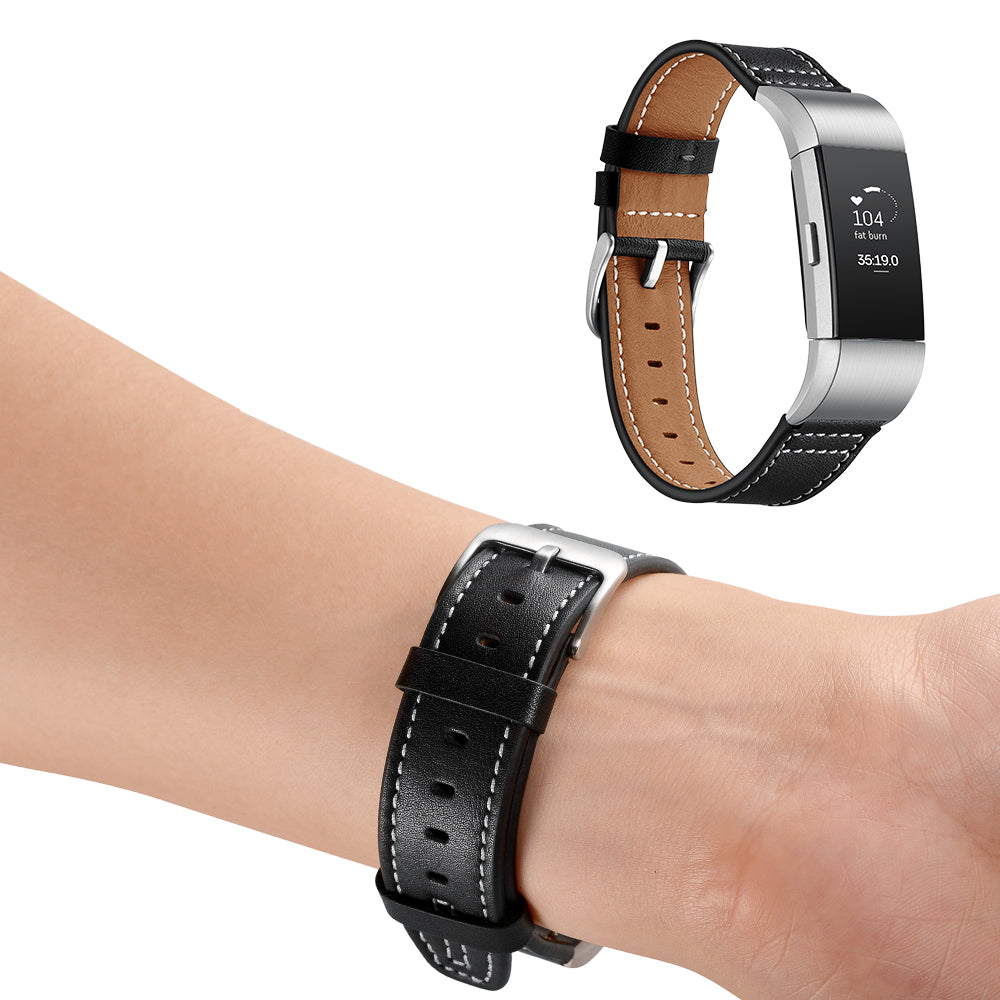 Genuine Leather Coated Watch Band for Fitbit Charge 2 - Black