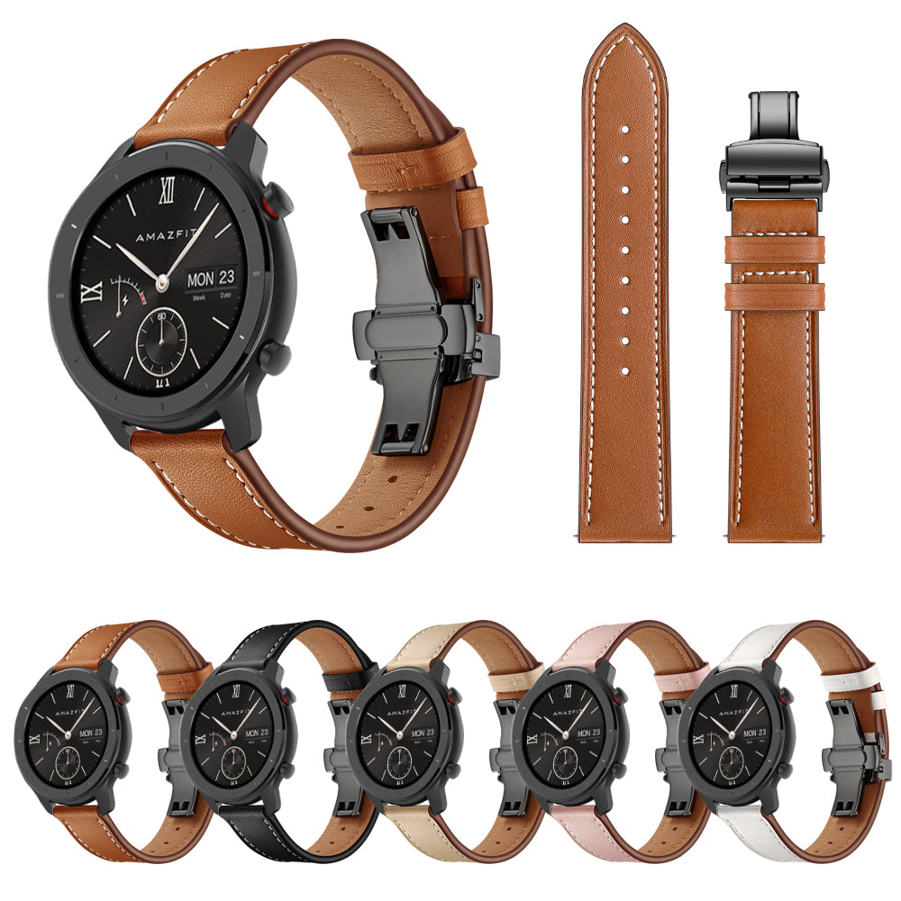 20mm Genuine Leather Watch Strap for Huami Amazfit GTR 42mm - Black Butterfly Buckle / Brown