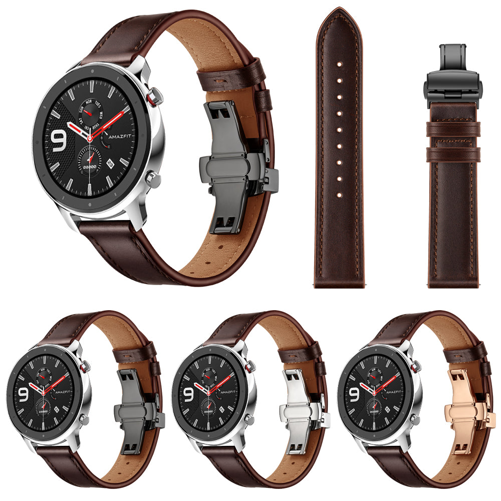20mm Genuine Leather Watch Strap for Huami Amazfit GTR 42mm - Black Butterfly Buckle / Coffee