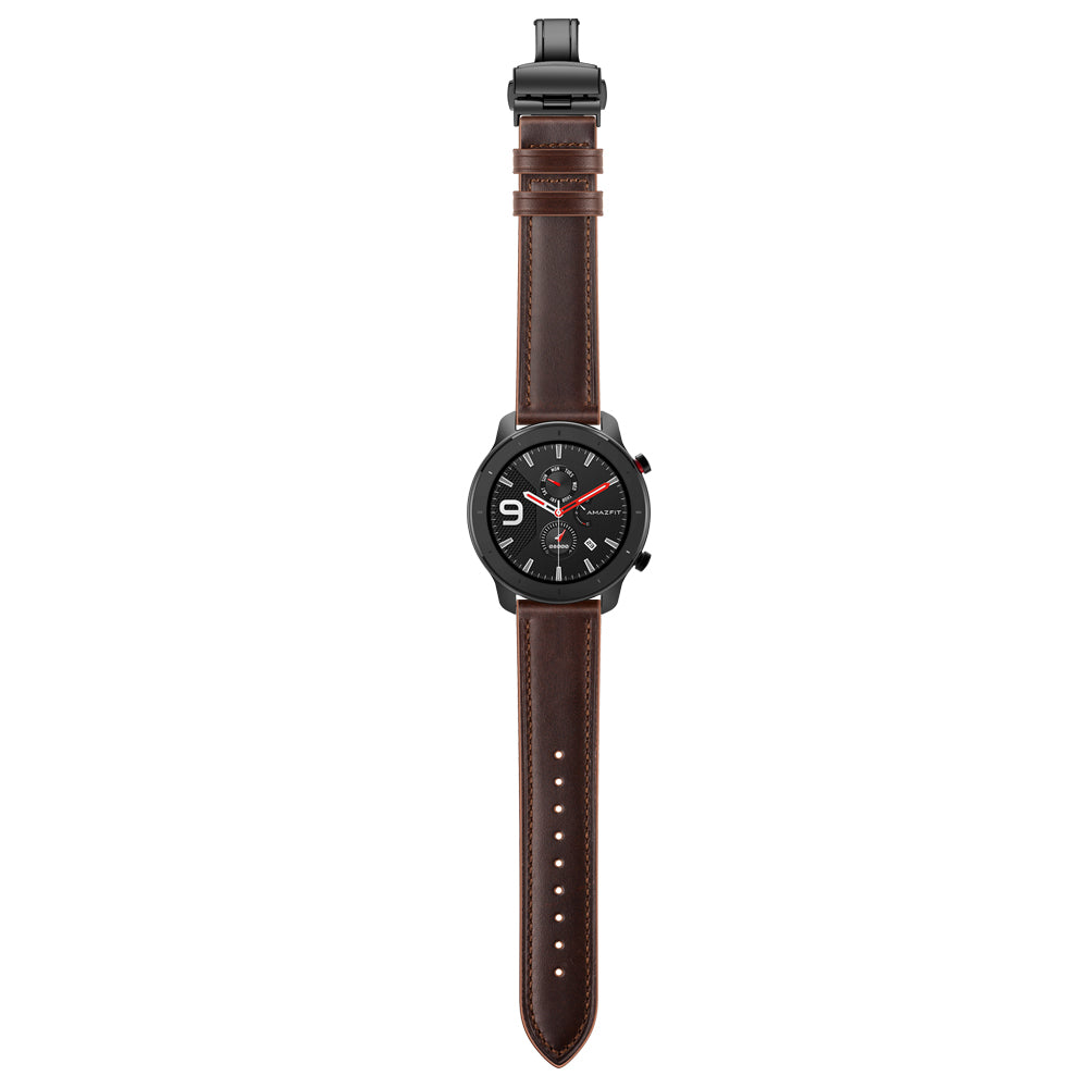 Genuine Leather Watch Band 22mm for Huami Amazfit GTR 47mm - Black Butterfly Buckle / Coffee