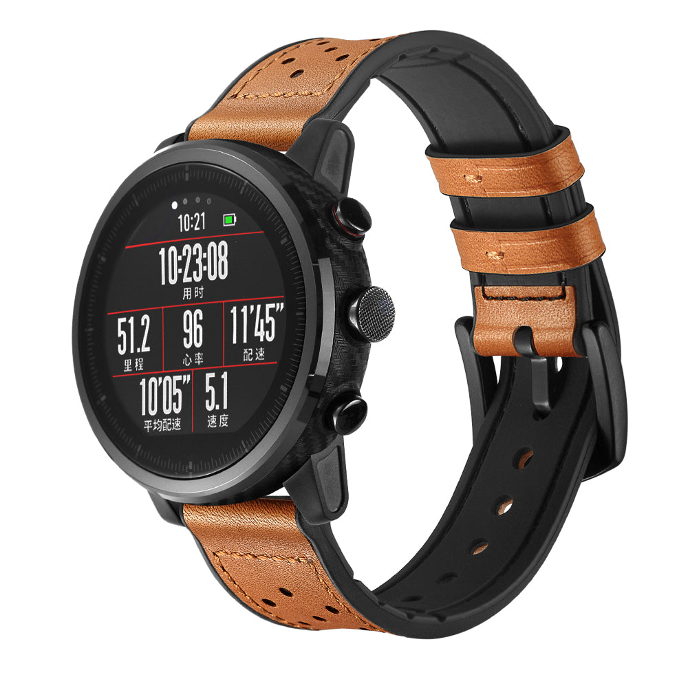 For Huami Amazfit Watch 2 with Holes Silicone Surface Cowhide Genuine Leather Smart Watch Band - Brown