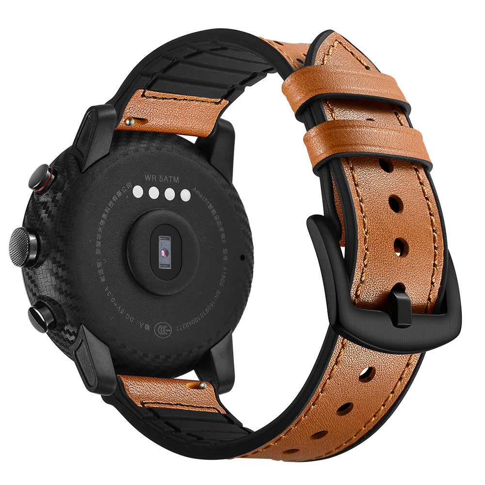 For Huami Amazfit Watch 2 with Holes Silicone Surface Cowhide Genuine Leather Smart Watch Band - Brown