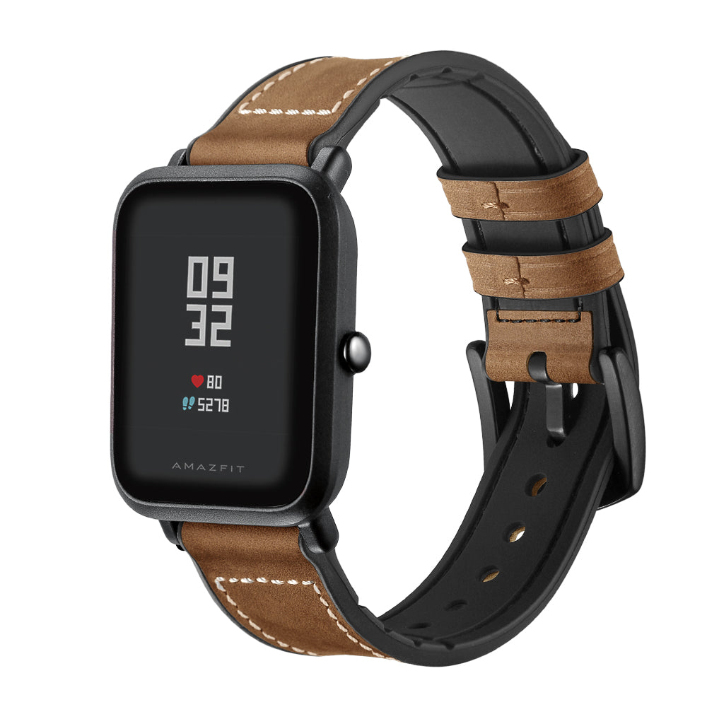 20mm Silicone Coated Leather Smart Watch Strap Replacement for Amazfit Huami Bip GTS Youth Smart Watch - Brown