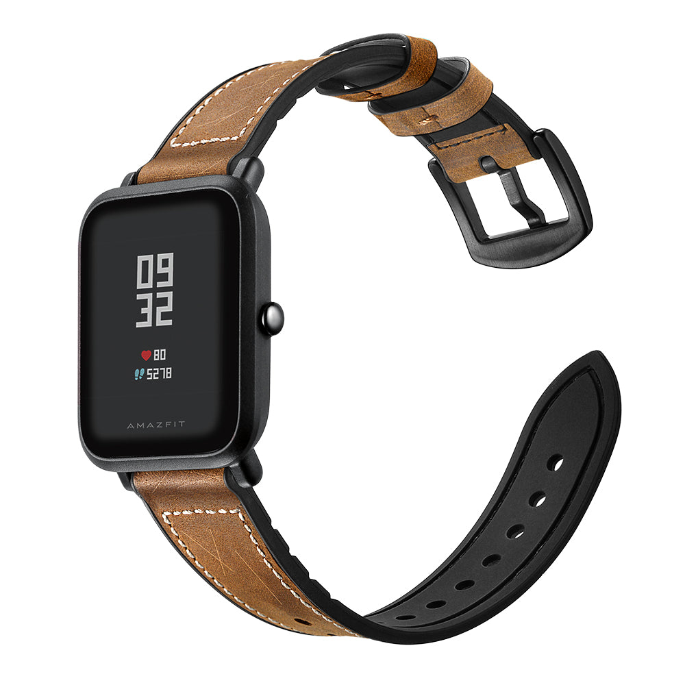 20mm Silicone Coated Leather Smart Watch Strap Replacement for Amazfit Huami Bip GTS Youth Smart Watch - Brown