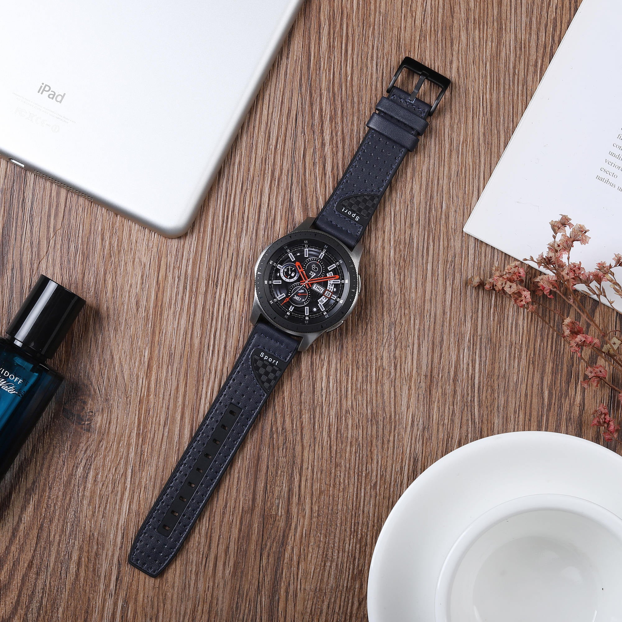 22mm Carbon Fiber Leather Coated Silicone Watch Strap for Huawei Watch GT2/Galaxy Watch 46mm etc. - Dark Blue
