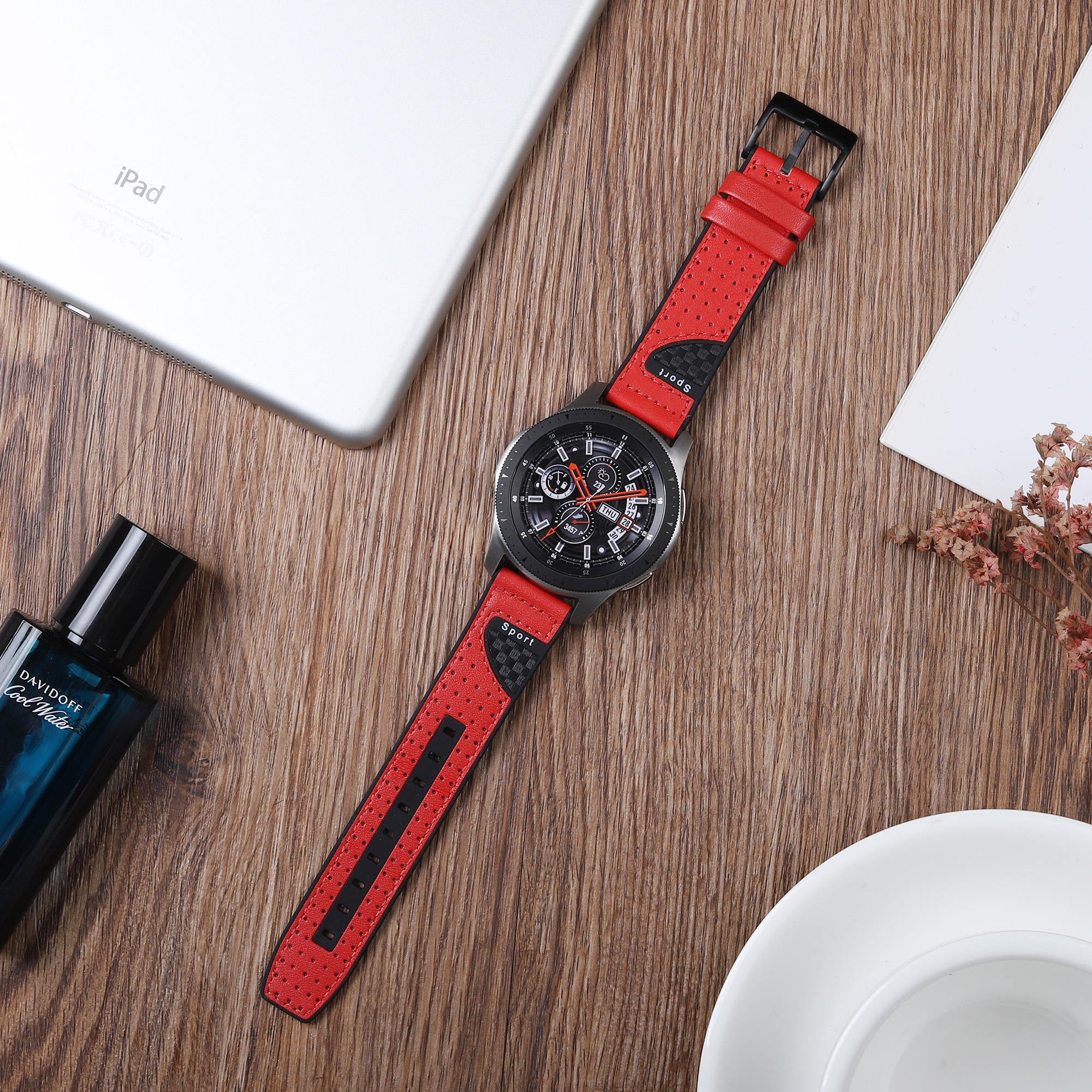 22mm Carbon Fiber Leather Coated Silicone Watch Strap for Huawei Watch GT2/Galaxy Watch 46mm etc. - Red
