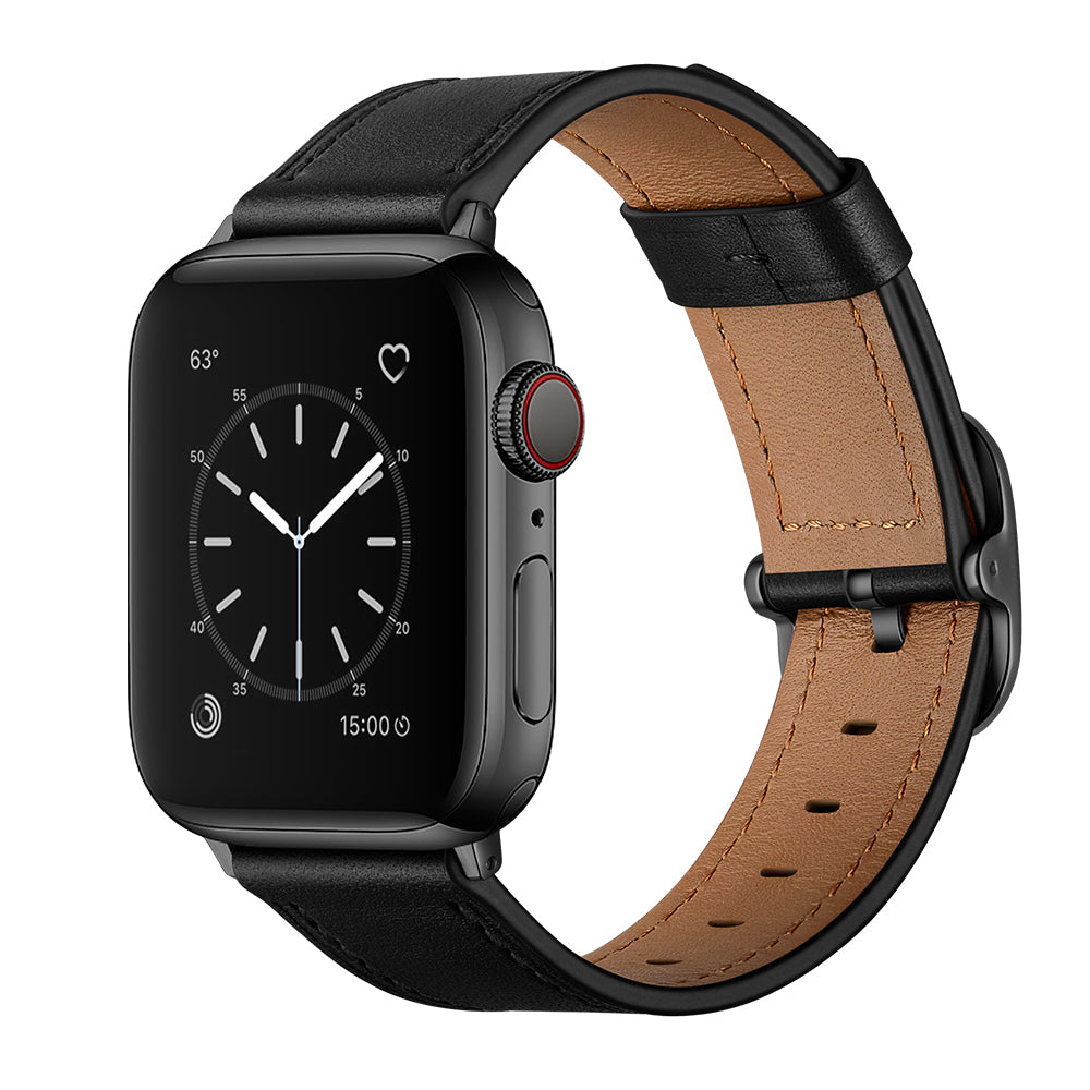 Genuine Leather Watch Band Replacement for Apple Watch Ultra 49mm / Series 8 / 7 45mm / Series 6 / SE / SE (2022) / 5 / 4 44mm / Series 1 / 2 / 3 42mm - Black - UNIQBUY