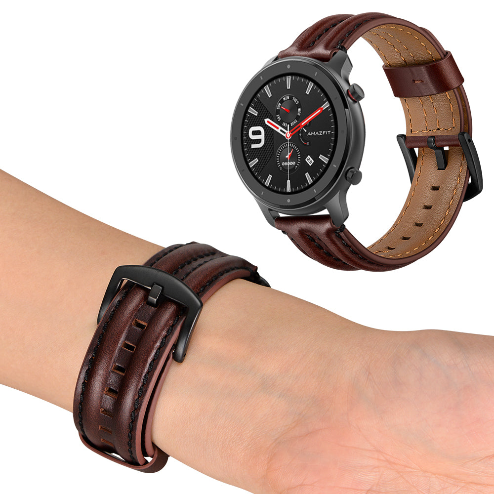 20mm Double Keel Genuine Leather Wrist Strap Watch Band for Huami Amazfit GTR 42mm - Dark Brown/Oil Buffed Leather