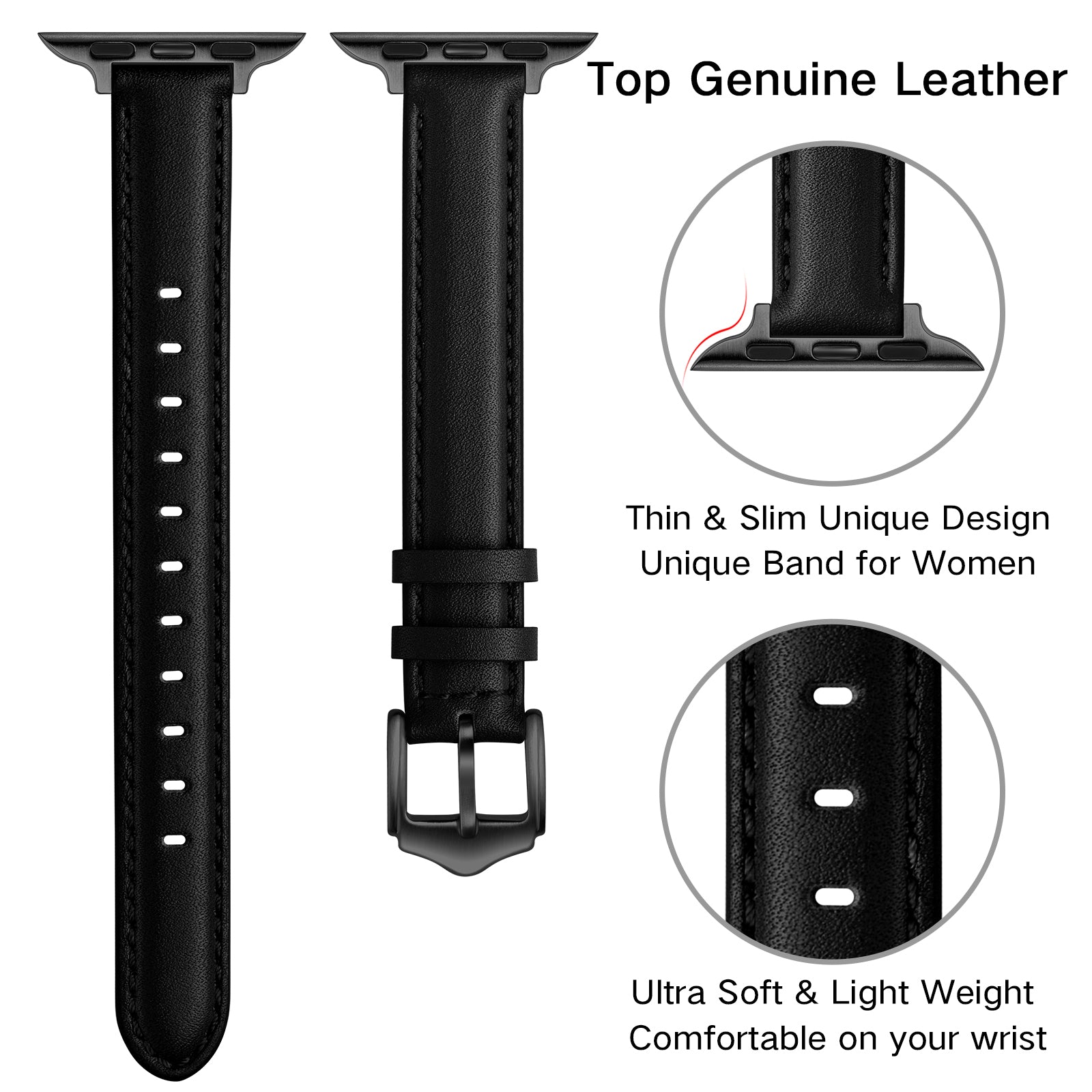 Genuine Leather Replacement Smart Watch Band Adjustable Wrist Strap for Watch Ultra 49mm / Series 8 / 7 45mm / Series 6 / 5 / 4 / SE / SE (2022) 44mm / Series 3 / 2 / 1 42mm - Black / Black Buckle