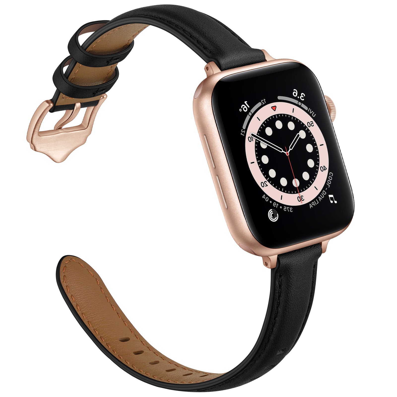 Genuine Leather Replacement Smart Watch Band Adjustable Wrist Strap for Watch Ultra 49mm / Series 8 / 7 45mm / Series 6 / 5 / 4 / SE / SE (2022) 44mm / Series 3 / 2 / 1 42mm - Black / Rose Gold Buckle