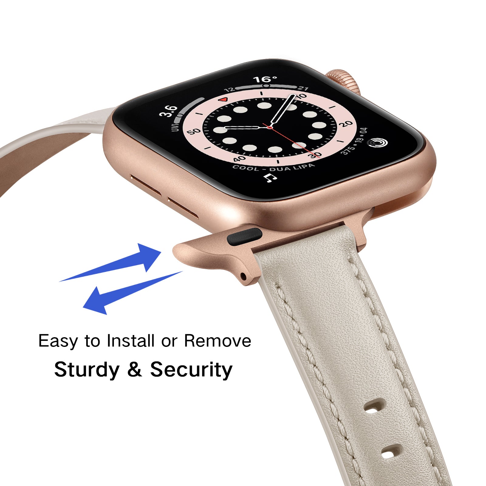 Genuine Leather Replacement Smart Watch Band Adjustable Wrist Strap for Watch Ultra 49mm / Series 8 / 7 45mm / Series 6 / 5 / 4 / SE / SE (2022) 44mm / Series 3 / 2 / 1 42mm - Beige / Rose Gold Buckle