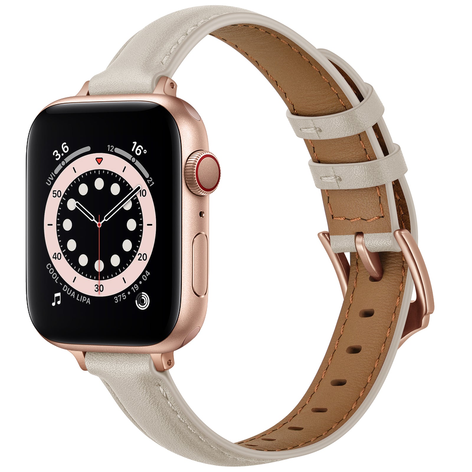 Genuine Leather Replacement Smart Watch Band Adjustable Wrist Strap for Watch Ultra 49mm / Series 8 / 7 45mm / Series 6 / 5 / 4 / SE / SE (2022) 44mm / Series 3 / 2 / 1 42mm - Beige / Rose Gold Buckle
