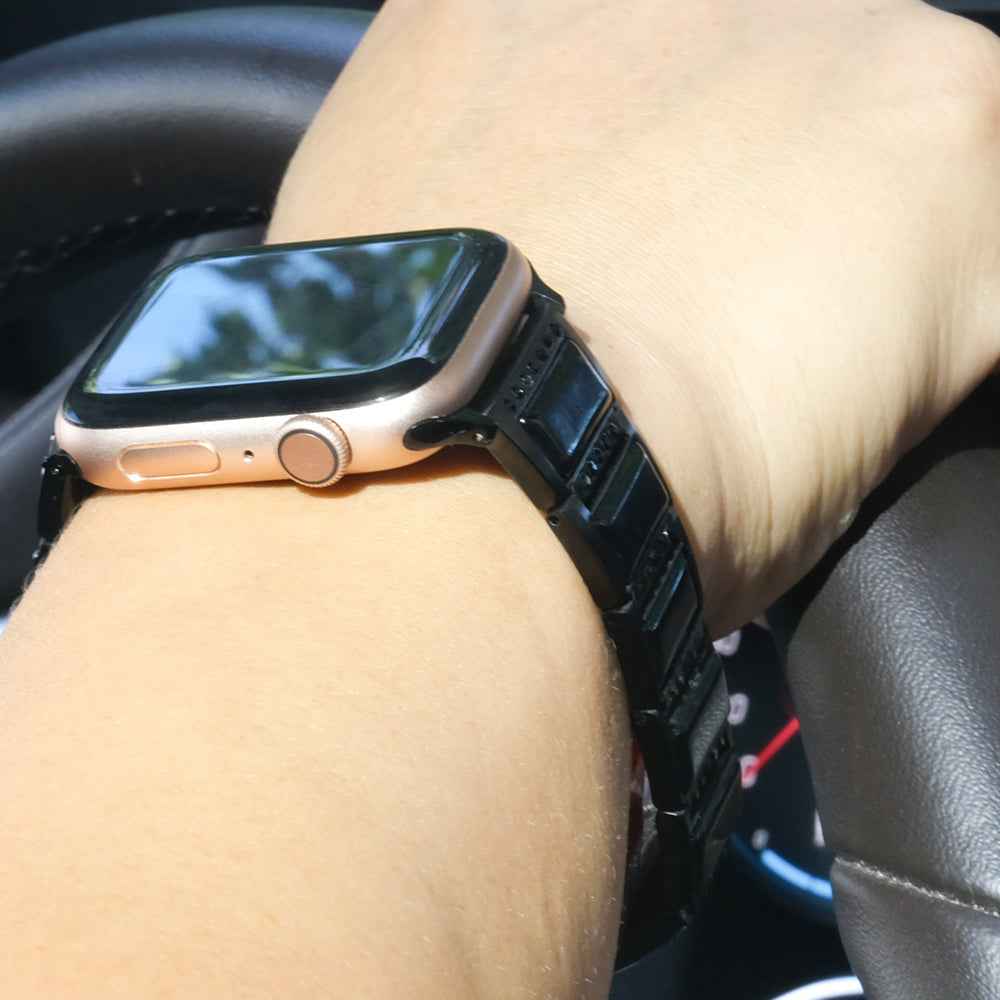 Rhinestone Synthetic Jade Decor Watch Band Stainless Steel Wrist Strap for Apple Watch Series 8 41mm / Series 7 41mm / Watch Series 6 / SE / SE(2022) / 5 / 4 40mm / Watch Series 3 / 2 / 1 38mm - Black / Black