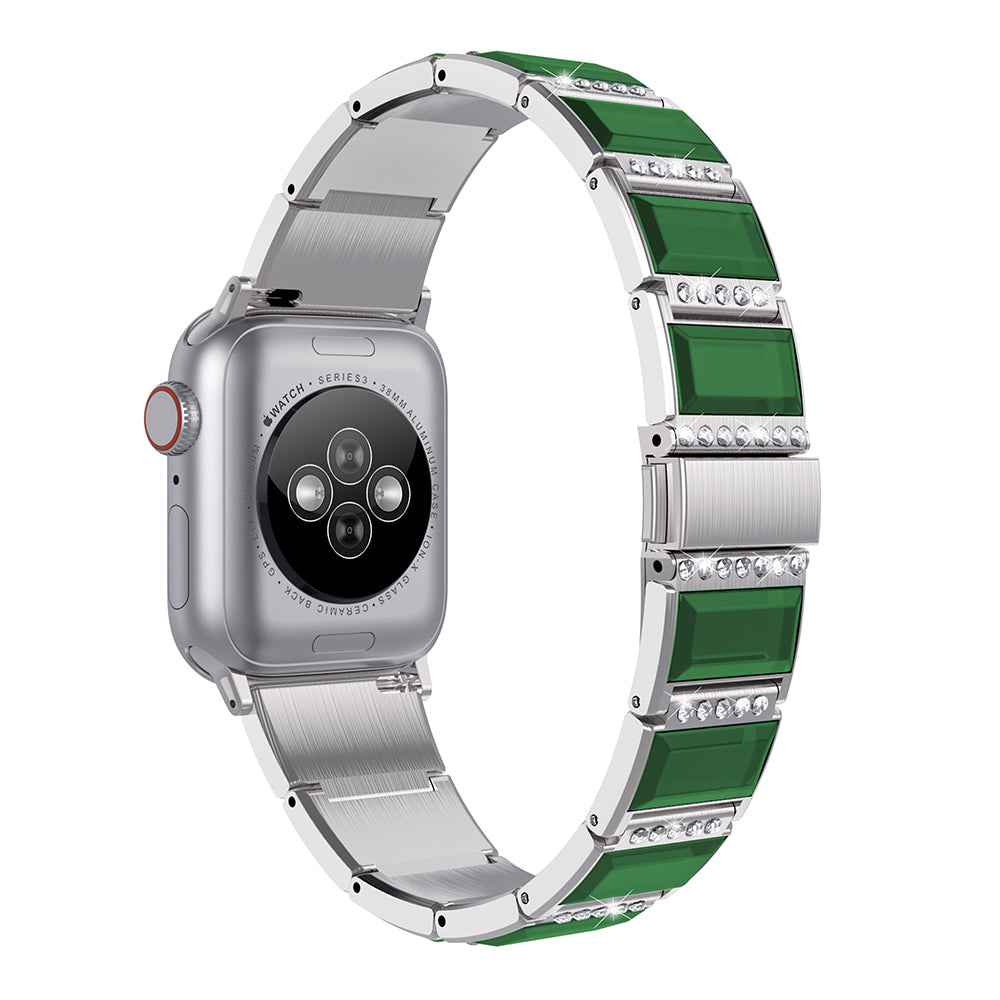 Rhinestone Synthetic Jade Decor Watch Band Stainless Steel Wrist Strap for Apple Watch Series 8 41mm / Series 7 41mm / Watch Series 6 / SE / SE(2022) / 5 / 4 40mm / Watch Series 3 / 2 / 1 38mm - Silver / Green