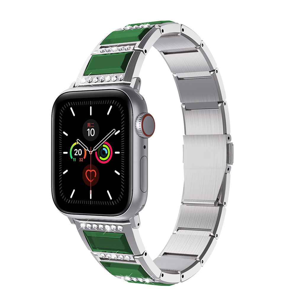 Rhinestone Synthetic Jade Decor Watch Band Stainless Steel Wrist Strap for Apple Watch Series 8 41mm / Series 7 41mm / Watch Series 6 / SE / SE(2022) / 5 / 4 40mm / Watch Series 3 / 2 / 1 38mm - Silver / Green
