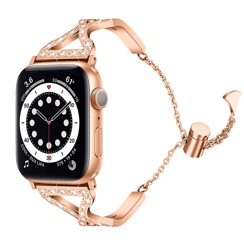 Rhinestone Stainless Steel Metal Watch Band Bracelet Strap Replacement for Apple Watch Ultra 49mm / Series 8 45mm / 7 45mm / SE 44mm / SE (2022) 44mm / Series 6 / 5 / 4 44mm / Series 3 / 2 / 1 42mm - Rose Gold