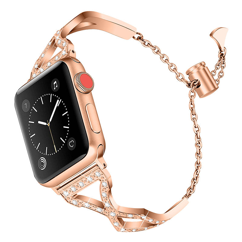 Rhinestone Stainless Steel Metal Watch Band Bracelet Strap Replacement for Apple Watch Ultra 49mm / Series 8 45mm / 7 45mm / SE 44mm / SE (2022) 44mm / Series 6 / 5 / 4 44mm / Series 3 / 2 / 1 42mm - Rose Gold