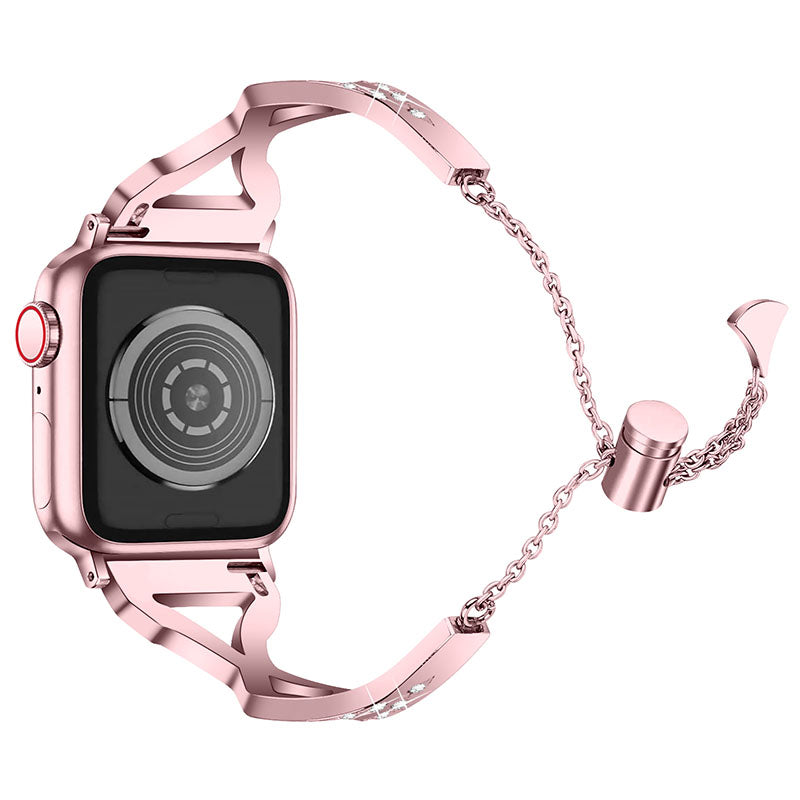 Rhinestone Stainless Steel Metal Watch Band Bracelet Strap Replacement for Apple Watch Ultra 49mm / Series 8 45mm / 7 45mm / SE 44mm / SE (2022) 44mm / Series 6 / 5 / 4 44mm / Series 3 / 2 / 1 42mm - Rose Pink